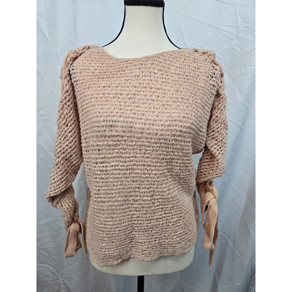 Jolt Womens Open Knit Lace Up Sleeve Sweater Blush Pink Crochet Boho‎ Size Small